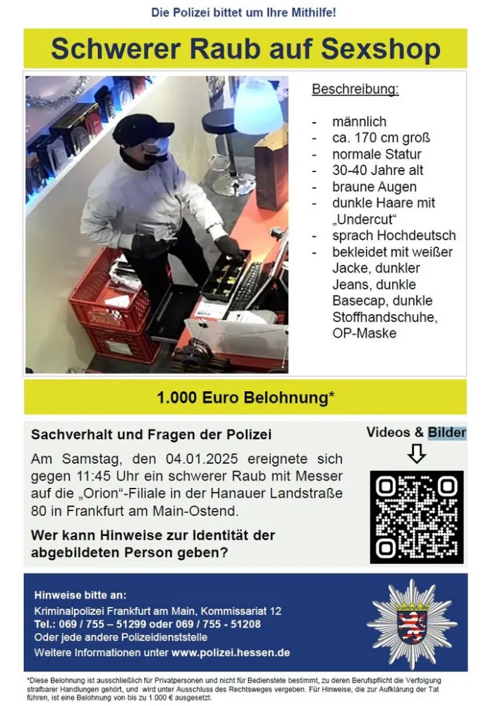 Frankfurt’ta Erotik Mağazasına Silahlı Soygun: Polis Zanlının Peşinde